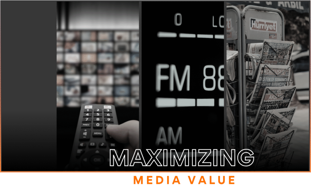 A collage showing traditional marketing channels including television, radio, and newspaper racks, with the text “Maximizing Media Value.”