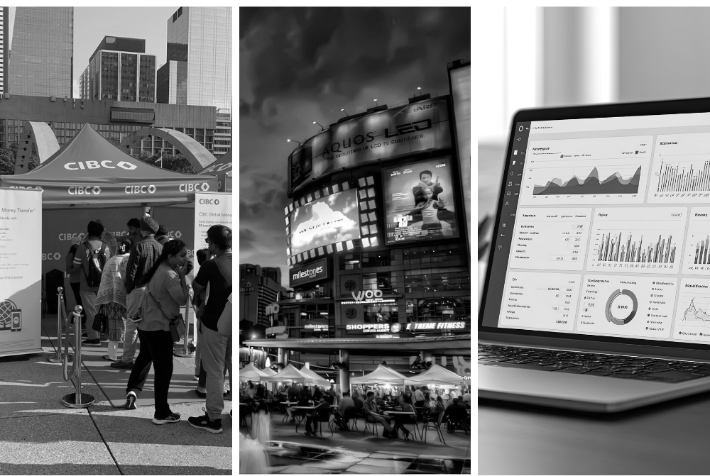 Collage showing an outdoor CIBC event activation, a downtown Toronto digital billboard scene, and a laptop displaying marketing analytics to represent integrated and omnichannel campaigns.