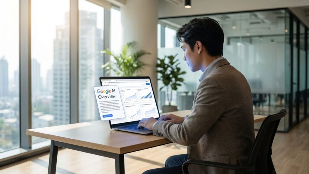 Business professional viewing AI-powered search results and analytics dashboard on laptop screen.