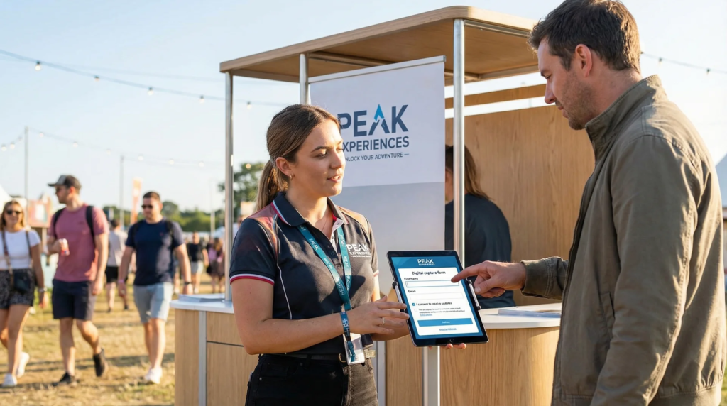 Brand ambassador capturing attendee information via tablet during experiential marketing event.