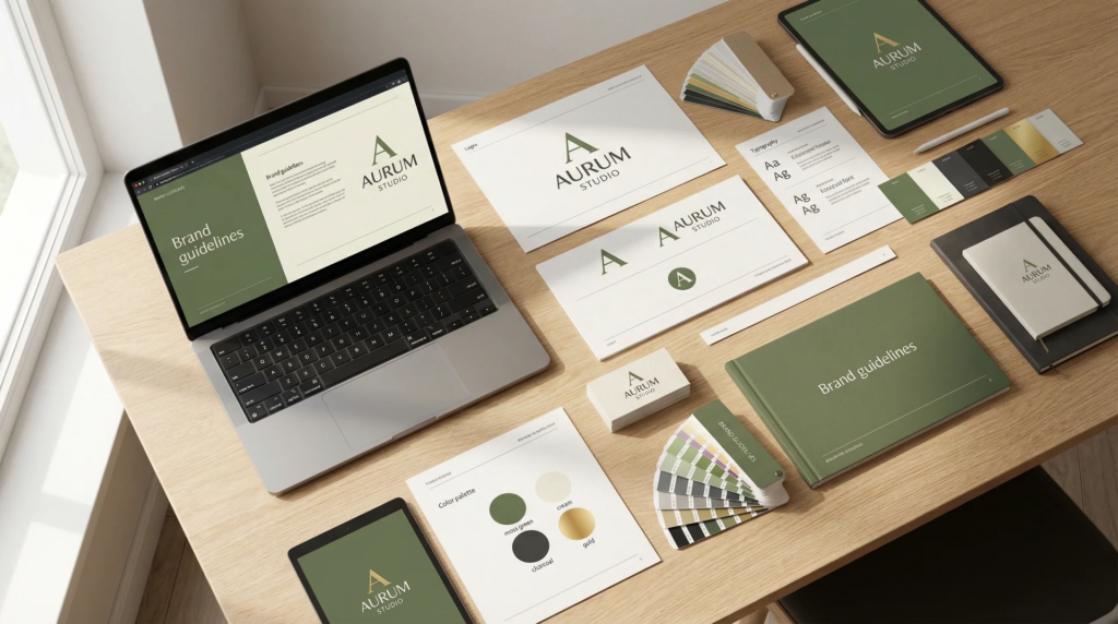 Brand identity system including logo variations, typography, and brand color guidelines on workspace.