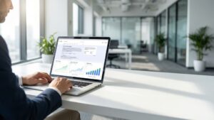 Business professional reviewing AI-powered search results and SEO growth analytics on laptop in modern office setting.