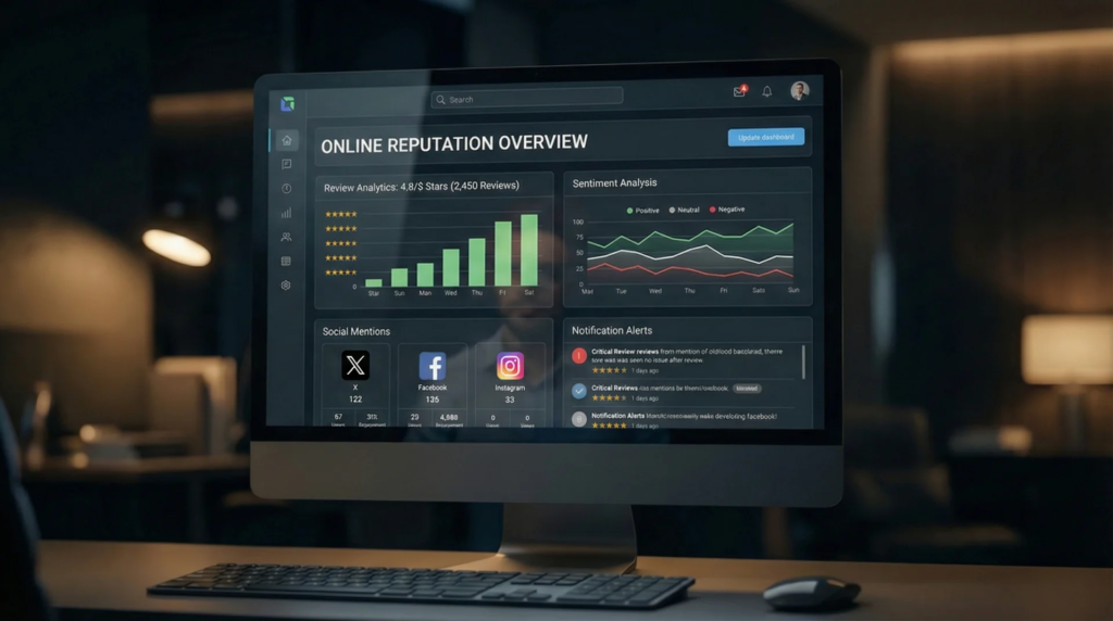 Digital dashboard displaying online review analytics and social media brand mentions.