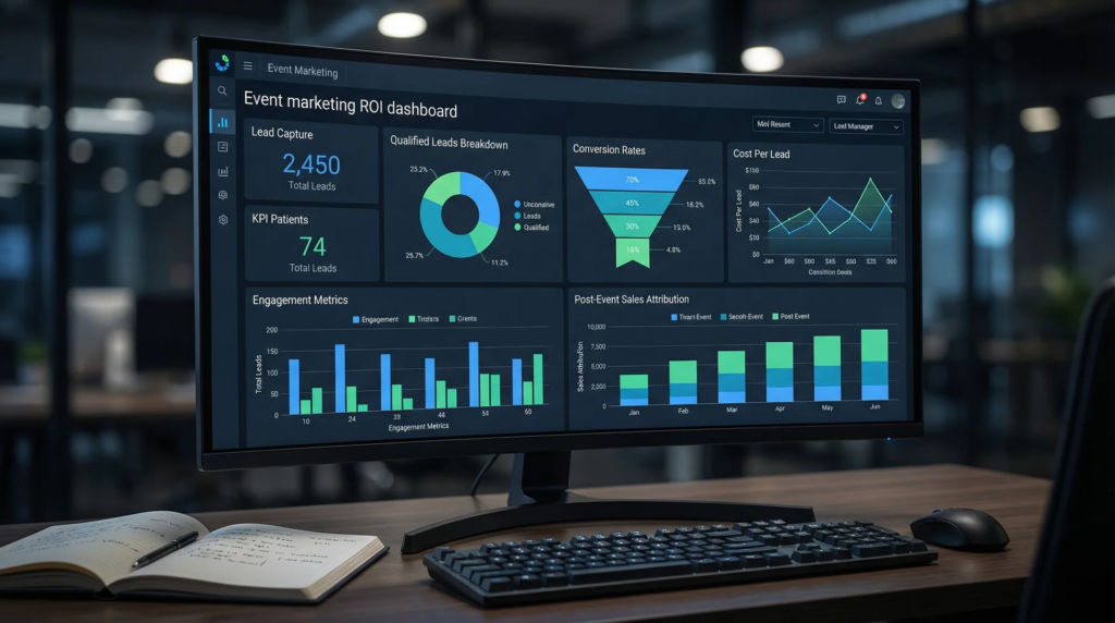 Event marketing ROI dashboard displaying lead capture numbers and conversion metrics.