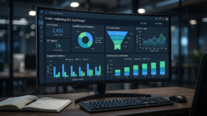 Event marketing ROI dashboard displaying lead capture numbers and conversion metrics.