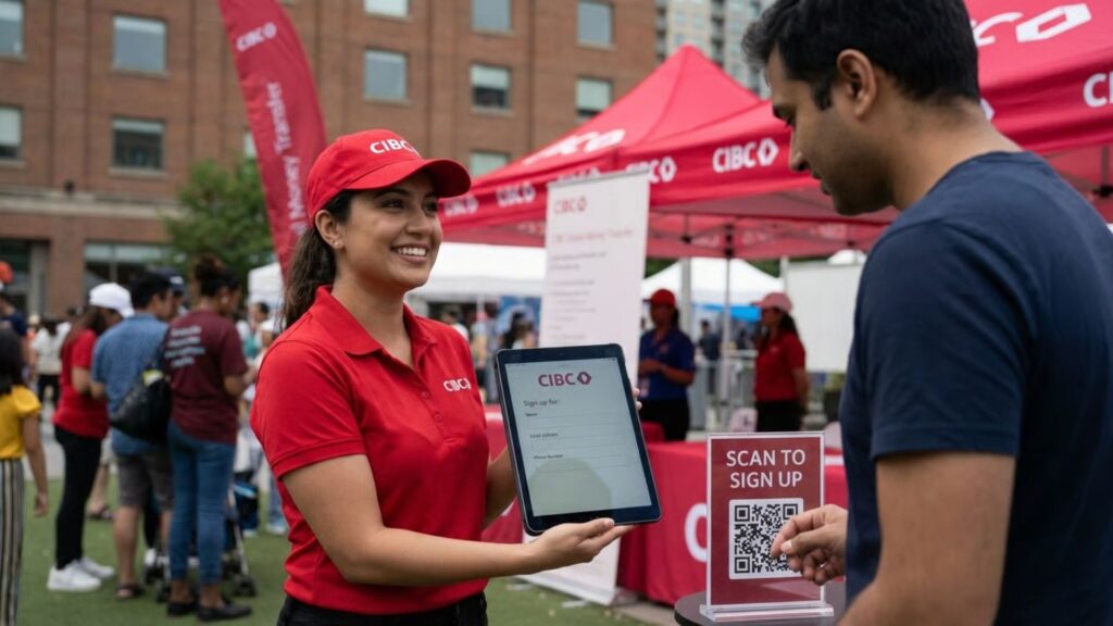 Brand ambassador collecting attendee contact information on tablet during live experiential marketing event.
