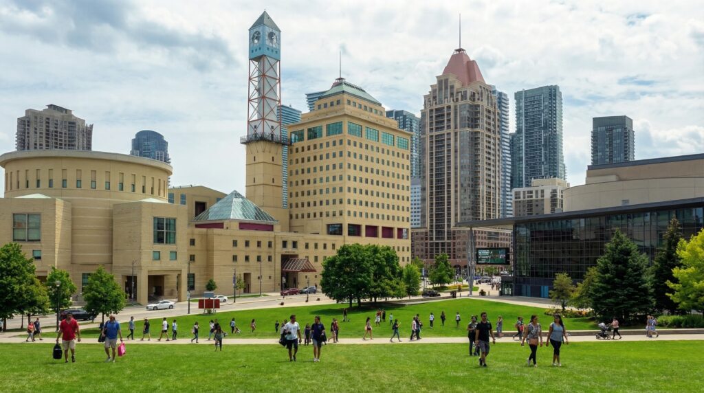 Daytime view of Mississauga Celebration Square with people walking across the lawn and modern city buildings in the background.