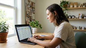 Small business owner managing CRM sales pipeline and automated follow-up sequences.