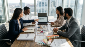 Team collaborating on brand identity strategy with brand positioning documents and visual identity boards.