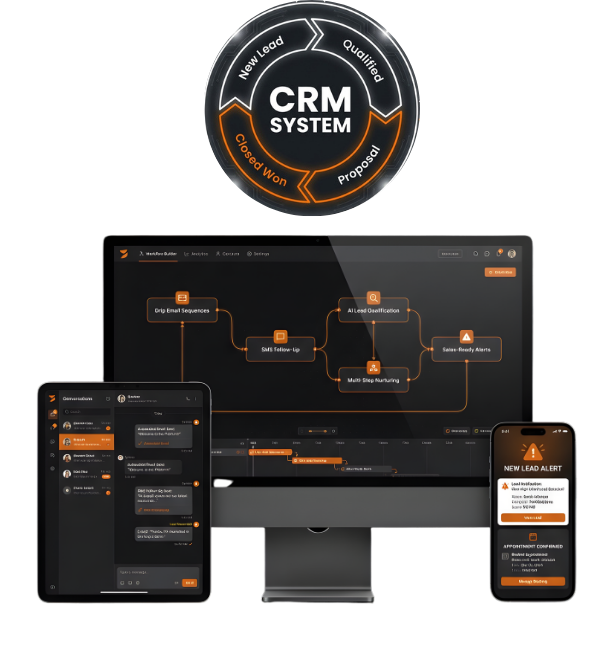 Desktop, tablet, and mobile mockup showing a CRM automation dashboard with orange accents on a black background.