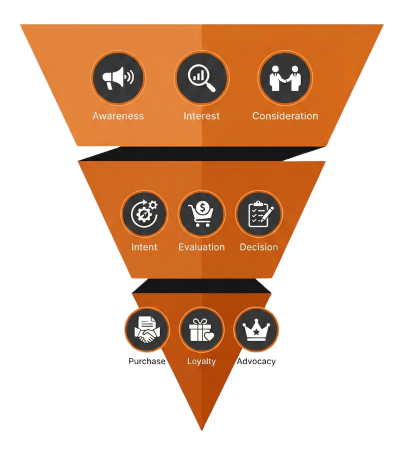 Three-tier sales funnel graphic in orange (#D76B18) on a black background, showing marketing and CRM platform icons flowing from awareness at the top to conversion and payment at the bottom.