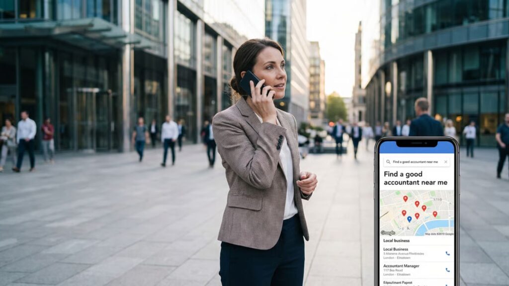 Person speaking into smartphone using voice assistant to search for local business services.