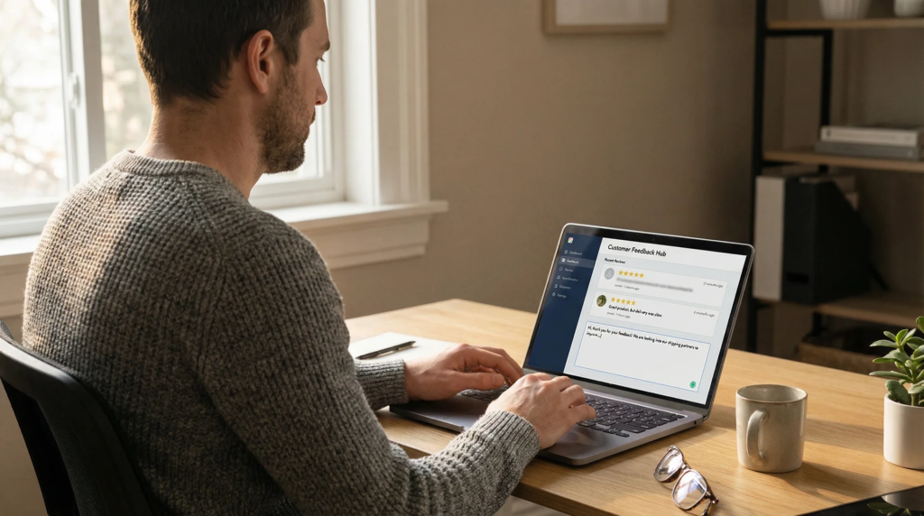 Business owner responding to customer reviews and feedback on laptop dashboard.