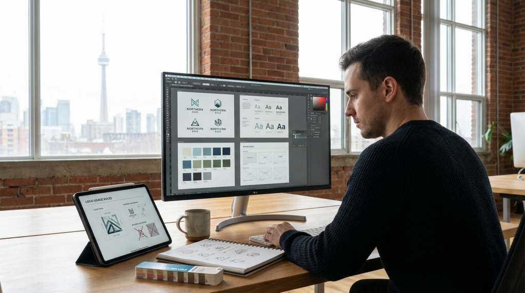 Designer refining logo, color palette, and brand identity elements on screen in Toronto creative studio.