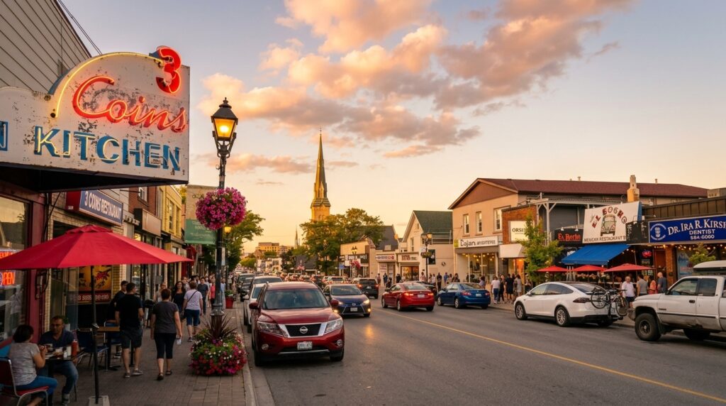 Downtown Richmond Hill, Ontario main street with local restaurants, retail shops, and evening traffic showcasing a lively commercial district and small business community