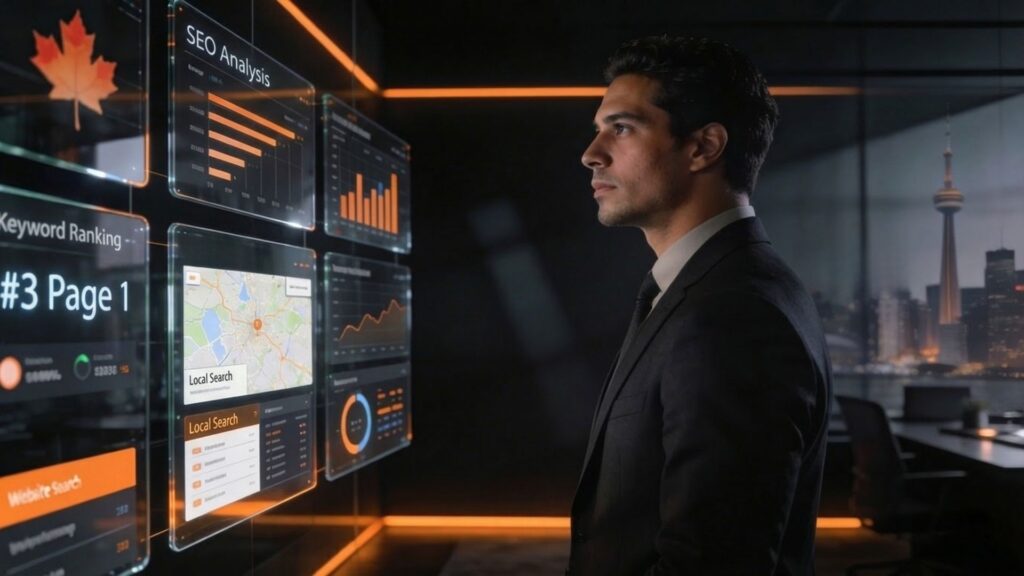 SEO agency selection process showing keyword rankings, local search data, and analytics dashboards for a Canadian business