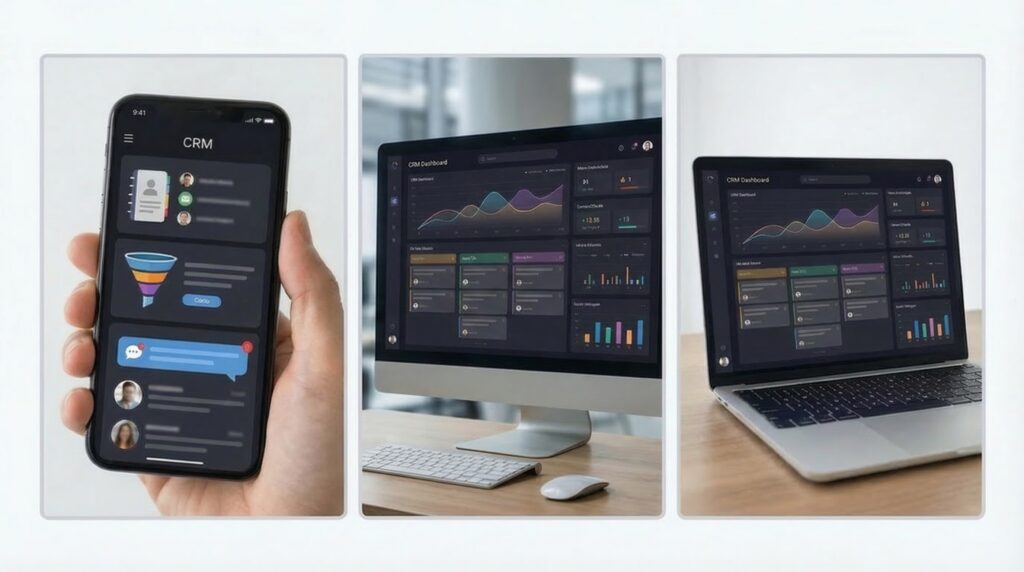 Comparison of different CRM platforms showing mobile interface enterprise system and marketing automation dashboard for business use
