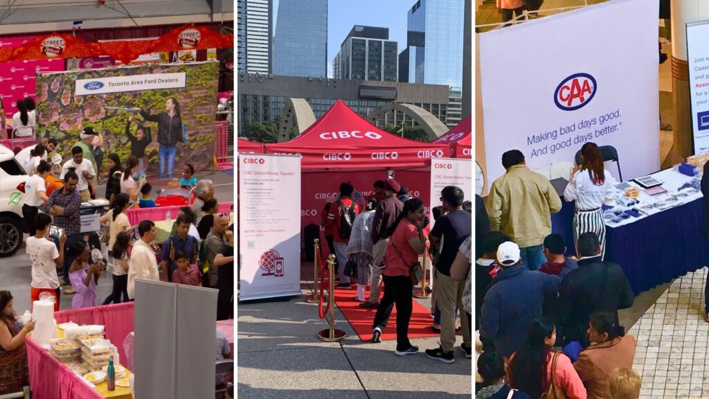 Experiential marketing activations including product sampling booth pop up brand event and customer engagement display with crowds interacting