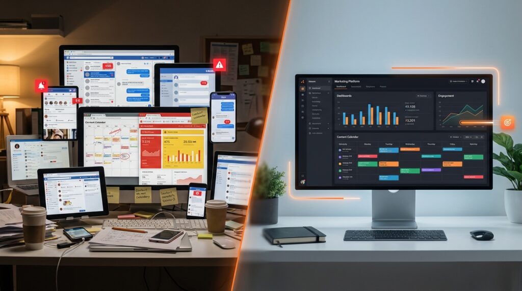 Chaotic vs organized social media campaign management showing multiple platforms, notifications, and dashboards transitioning into a structured automated marketing system