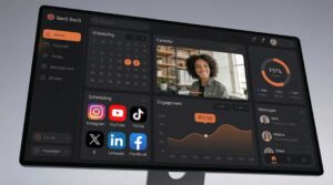 Centralized social media campaign management dashboard showing scheduling, analytics, and multi-platform control similar to Hootsuite tools