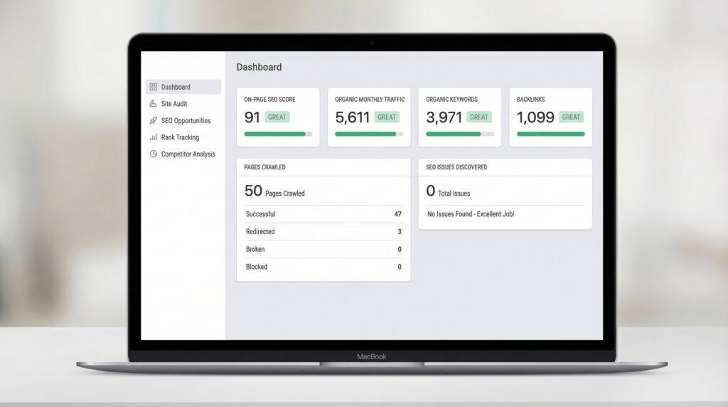 SEO audit dashboard displayed on laptop showing website performance metrics organic traffic keywords backlinks and technical analysis