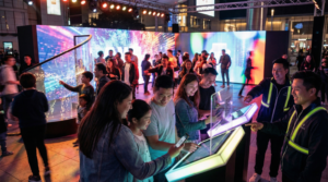 Crowd engaging with interactive digital kiosks and LED display installations at a high-energy outdoor brand activation event, with participants using touchscreens and mobile phones while brand ambassadors assist.
