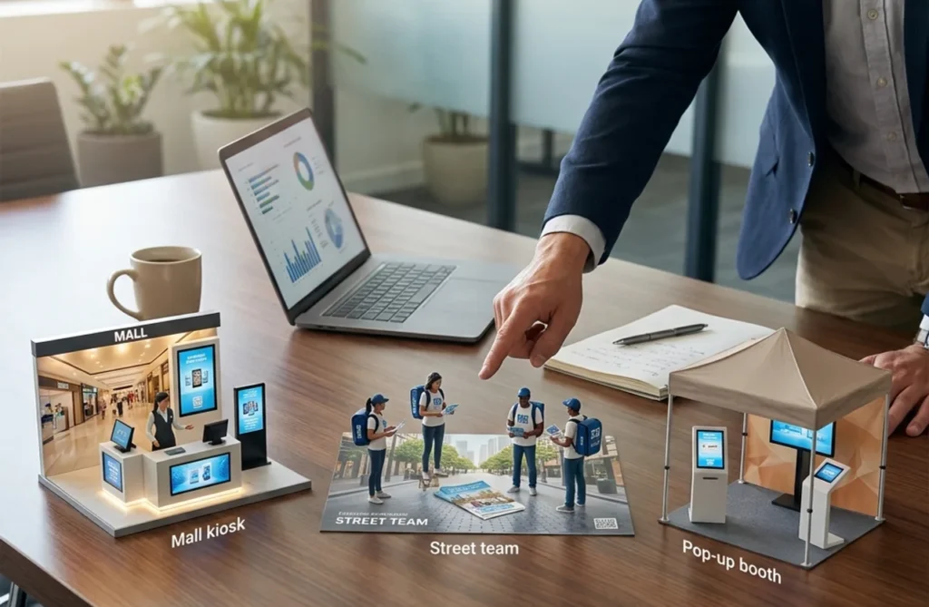 Marketing strategist reviewing multiple brand activation concepts, comparing mall kiosk, campus street team, and pop-up booth options on a table in a modern office setting.
