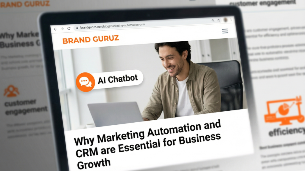 Brand Guruz blog on marketing automation and CRM shown on laptop with AI chatbot interface for business growth