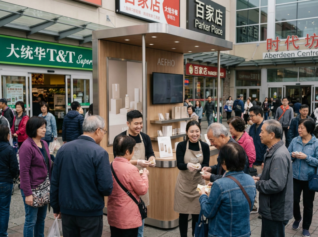 Chinese community retail activation in Canada with shoppers engaging in product sampling at a high-traffic Asian plaza during a busy shopping period.