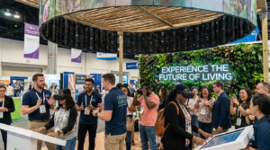 People at a trade show booth using VR headsets and interactive screens under a “Future of Living” display.