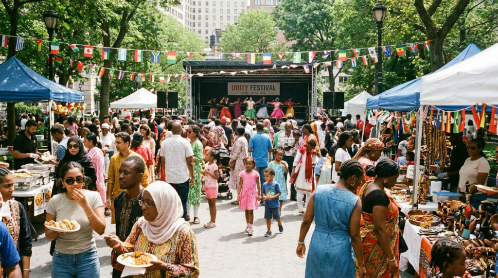 Crowded outdoor multicultural festival with food stalls, flags, and a live stage performance.