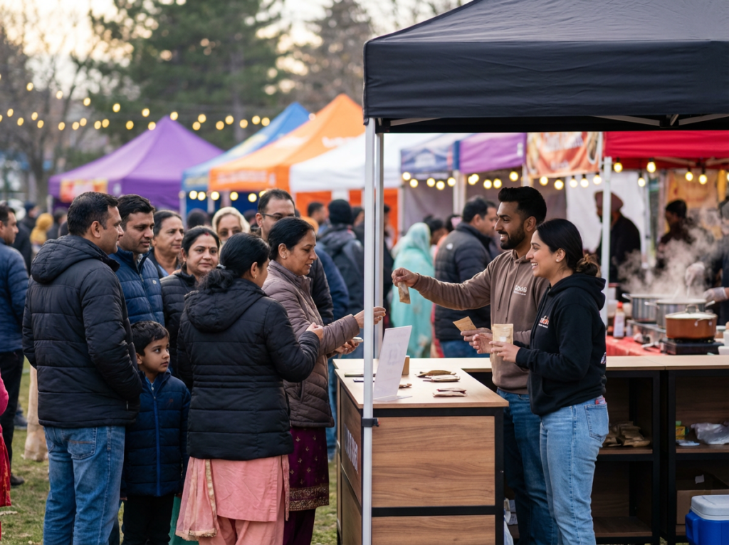 South Asian festival in Canada with a busy crowd engaging at a food sampling booth, where brand ambassadors hand out samples in a lively outdoor market setting.