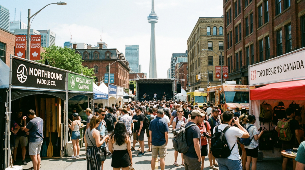 Crowded outdoor street festival in downtown Toronto with vendor booths, food trucks, and a live stage performance.