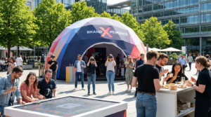 Outdoor brand activation with a dome experience booth, VR demos, and interactive games attracting a crowd.