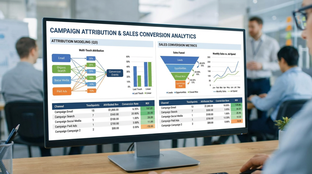 Computer screen displaying campaign attribution and sales conversion analytics with charts, funnels, and ROI metrics.
