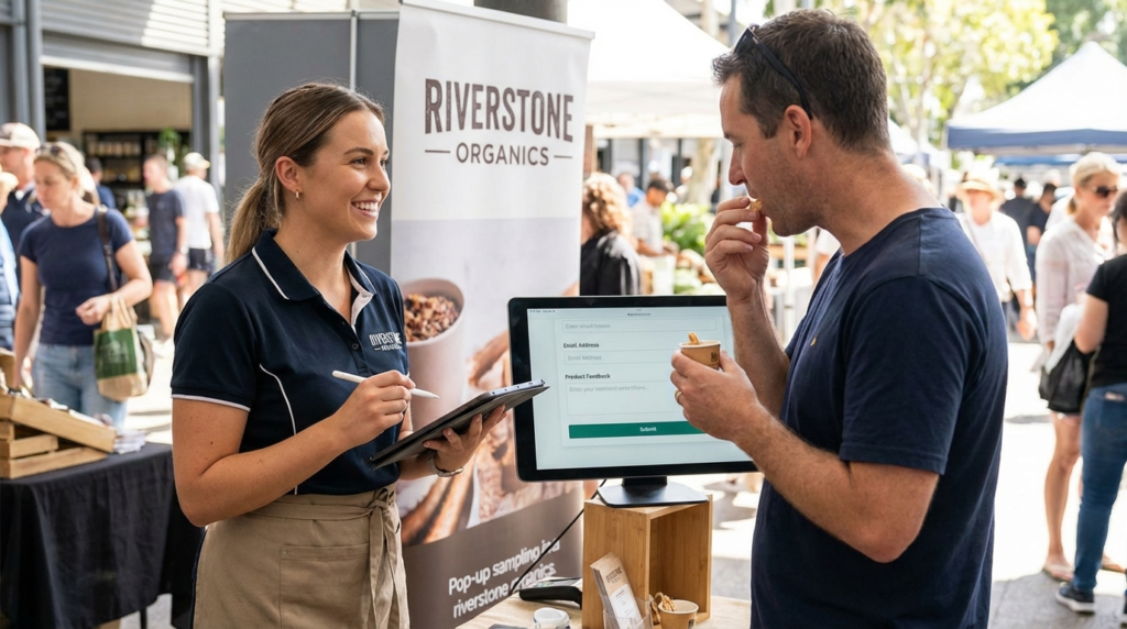 Brand ambassador collecting feedback while a customer samples a product at an outdoor activation booth.