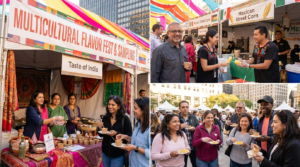 Multicultural food festival with diverse vendors offering samples and attendees enjoying global cuisines.