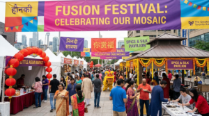 Crowded multicultural fusion festival in downtown Toronto with colorful banners, food stalls, lanterns, and diverse attendees enjoying cultural cuisine and performances.