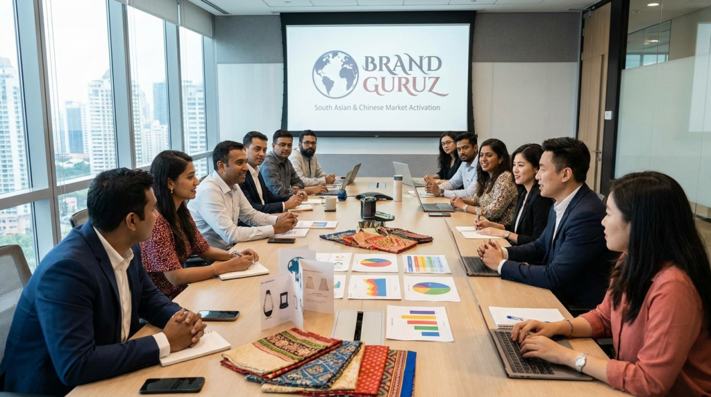 Business meeting in a modern conference room with a diverse team seated around a table, reviewing charts and laptops, while a presentation screen displays Brand Guruz’s South Asian and Chinese market activation focus.