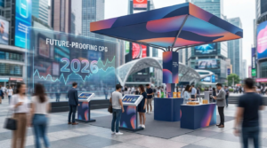 Modern outdoor brand activation booth in a busy city square with interactive digital screens displaying “Future-Proofing CPG 2026,” as people engage with product samples and touchscreen kiosks.