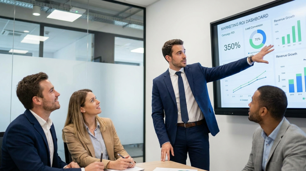 Business presentation in a meeting room where a professional points to a marketing ROI dashboard showing growth metrics, while colleagues listen and take notes.