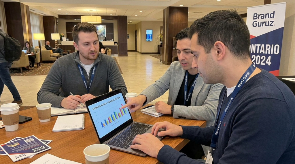 Three professionals in a hotel lobby meeting area reviewing marketing performance on a laptop, discussing charts and notes with Brand Guruz Ontario 2024 signage in the background.