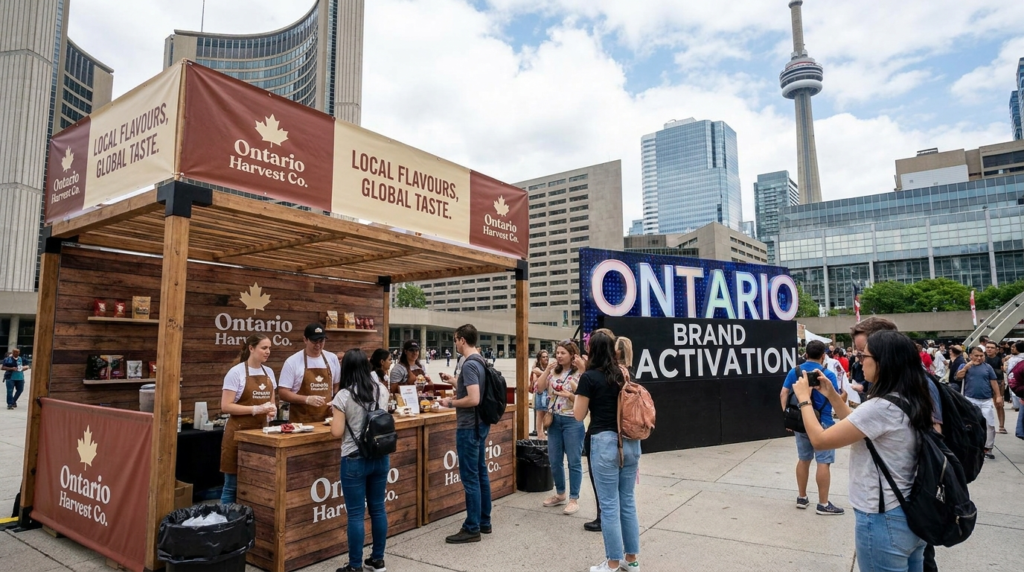 Outdoor brand activation booth by Ontario Harvest Co. at a busy Toronto plaza, with people sampling local products under signage reading “Local Flavours, Global Taste,” and the CN Tower visible in the background.