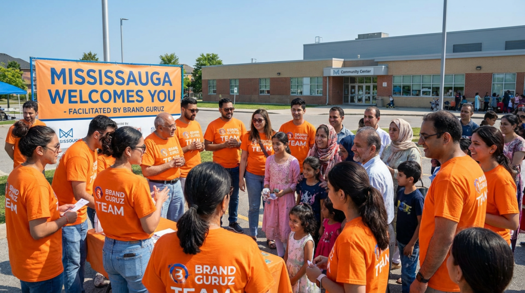 Brand Guruz team in orange shirts hosting a community activation event in Mississauga, engaging families and attendees outdoors near a community center under a “Mississauga Welcomes You” banner.