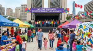 Community festival in a city square welcoming newcomers, with families exploring colorful booths for settlement services, cultural activities, and food, while a diverse group celebrates on stage under a “Welcome Newcomers” banner.