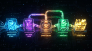 Futuristic digital sales pipeline visualization showing stages from unqualified leads to closed deals, with glowing icons for filtering, opportunities, proposals, and conversion connected across a high-tech interface.