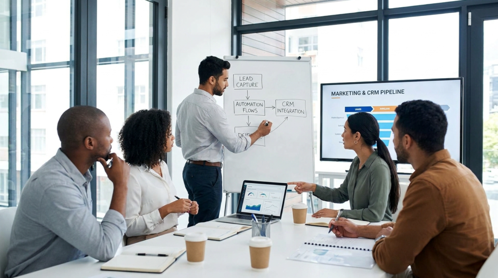 Team meeting in a modern office where a presenter outlines a marketing and CRM pipeline on a whiteboard, while colleagues review data on screens and discuss lead capture and automation flows.