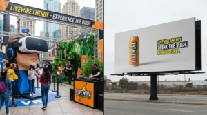 Split scene showing an immersive Livewire Energy brand activation with a VR experience in a busy city plaza, alongside a large roadside billboard promoting the drink with the message “Drink the Rush. Now in Stores.”