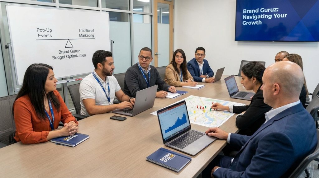 Team strategy meeting with Brand Guruz professionals discussing growth plans, reviewing performance data on laptops, and analyzing location-based insights, with messaging focused on budget optimization and marketing strategy.