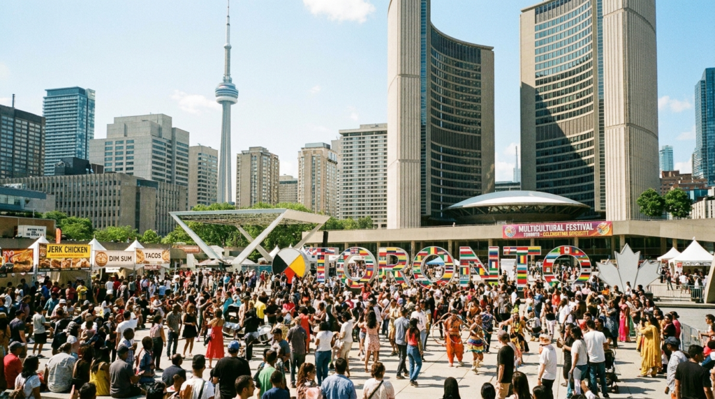 Large multicultural festival at Toronto City Hall with crowds, food vendors, and the CN Tower in the background.